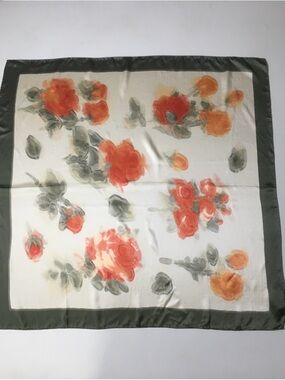 Floral Silk Scarf in Olive Border and Orange Blooms
